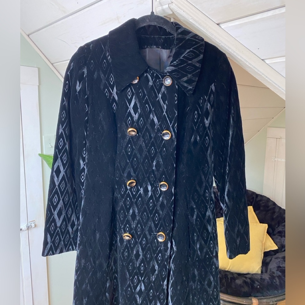 Vintage Count Romi Double Breasted Black Velvet Full Length Coat Size 10 - Picture 3 of 14